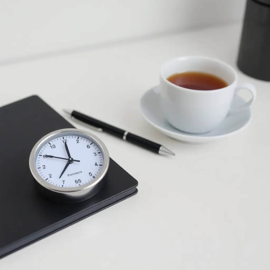 Een opgeruimde werkplek met een Pomodoro timer, notitieblok en een kopje thee