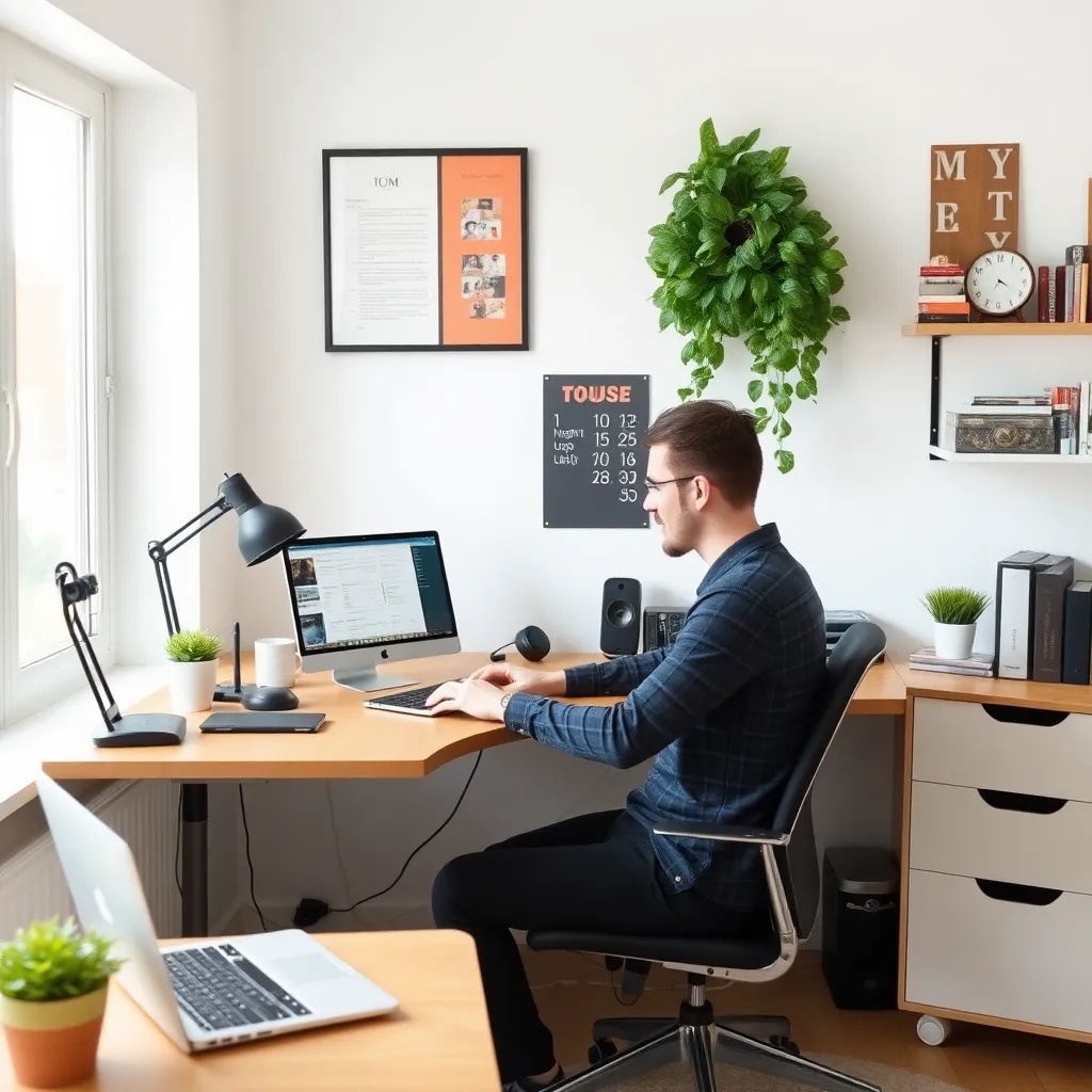 Een Nederlandse freelancer die werkt vanuit een geoptimaliseerde thuiswerkplek met productiviteitstools