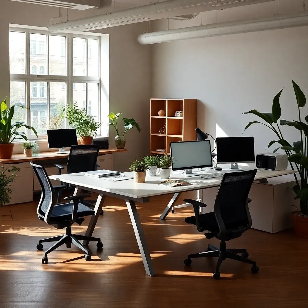 Een Nederlands kantoor met ergonomische werkplekken, minimalistisch design en natuurlijke elementen die focus bevorderen