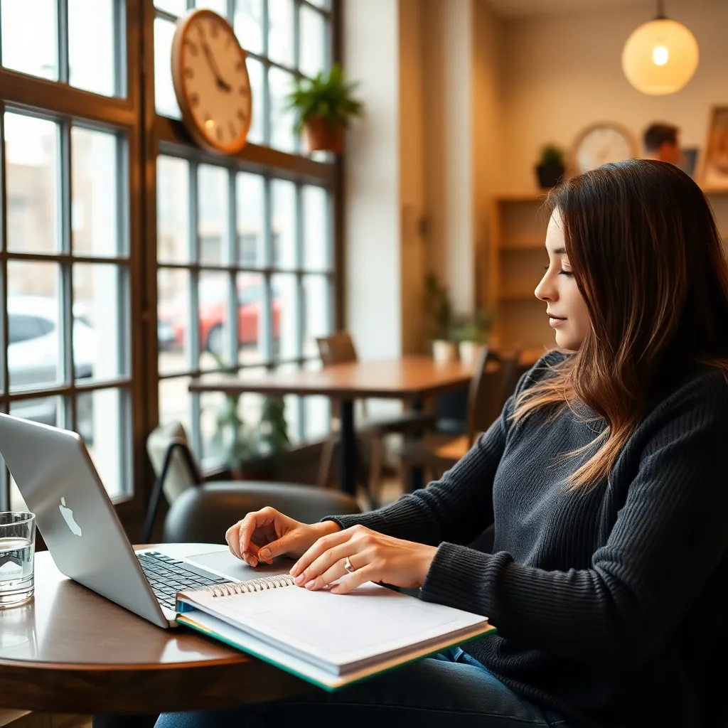 Persoon die een tijdmanagement plan maakt met een agenda en laptop