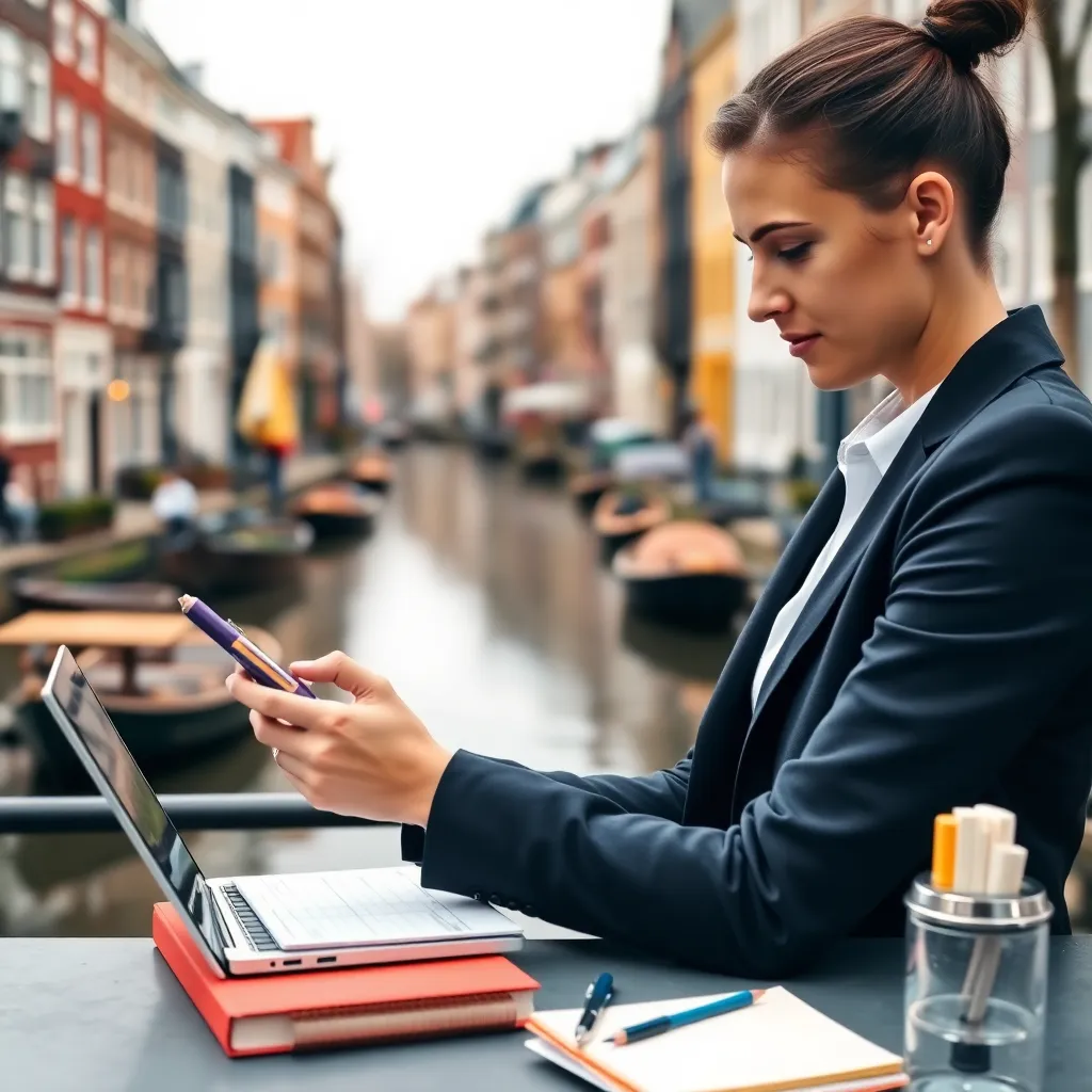 Een Nederlandse professional die efficiënt werkt met een digitale planner en notities, met de grachten van Amsterdam op de achtergrond