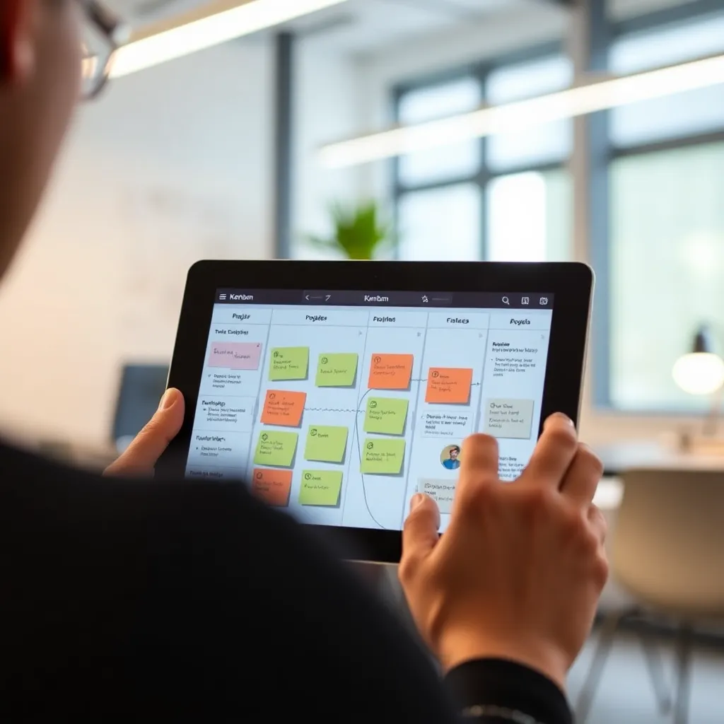 Persoon die werkt met een digitaal Kanban-bord op een tablet